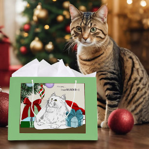 Funny White Cat Christmas Tree Ornaments Green Large Gift Bag