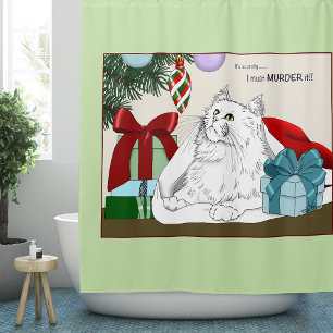 Funny White Cat Christmas Tree Ornaments Green Shower Curtain
