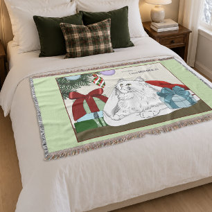 Funny White Cat Christmas Tree Ornaments Green Throw Blanket