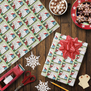 Funny White Cat Christmas Tree Ornaments Green Wrapping Paper