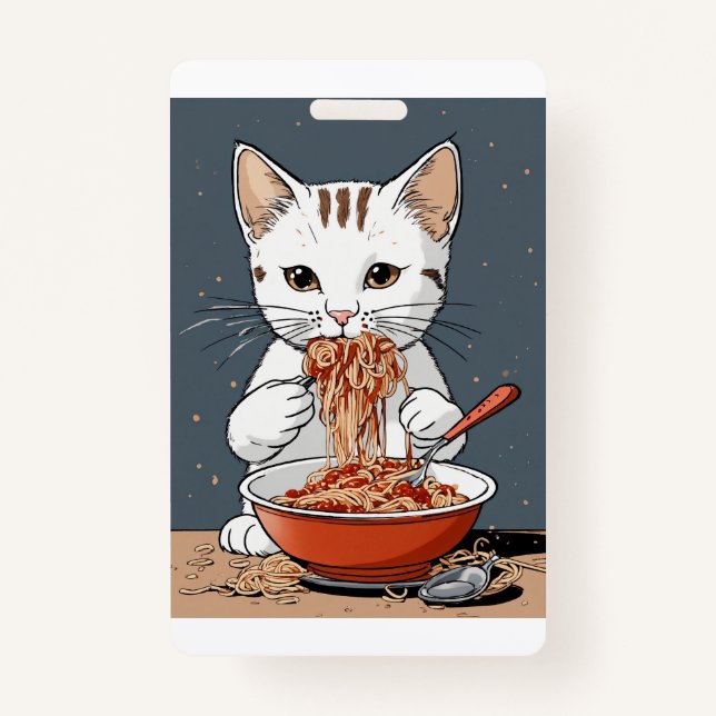 Funny white cat ID badge (Front)