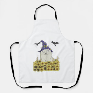 Funny White Cat in Witch Hat Vintage Halloween Sun Apron