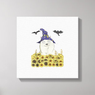 Funny White Cat in Witch Hat Vintage Halloween Sun Canvas Print