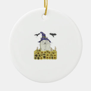 Funny White Cat in Witch Hat Vintage Halloween Sun Ceramic Tree Decoration