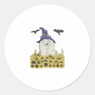 Funny White Cat in Witch Hat Vintage Halloween Sun Classic Round Sticker