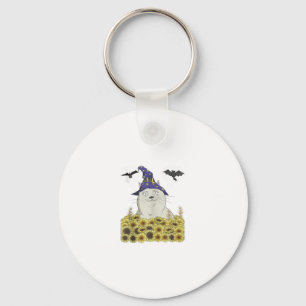 Funny White Cat in Witch Hat Vintage Halloween Sun Key Ring