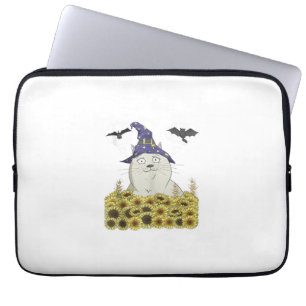Funny White Cat in Witch Hat Vintage Halloween Sun Laptop Sleeve