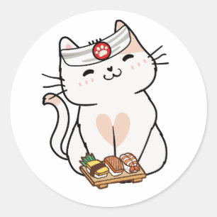 Funny white cat is a sushi chef classic round sticker