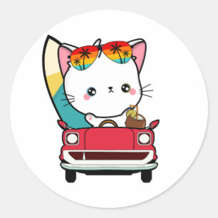 Funny white cat is driving to the beach classic round sticker