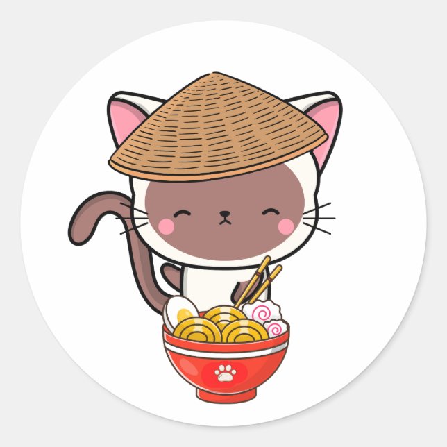 Funny white cat is eating noodles classic round sticker (Front)