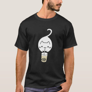 Funny White Cat Jumping Drinking Boba Milk Tea T-Shirt