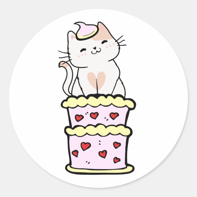 Funny white cat jumping out of a cake classic round sticker (Front)