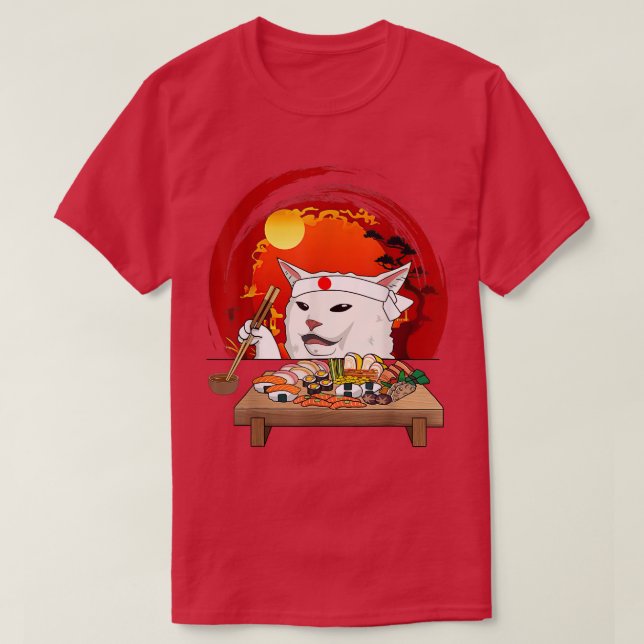 Funny White Cat Meme Eating Sushi Kawaii Sushi Cat T-Shirt (Design Front)