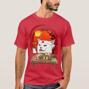 Funny White Cat Meme Eating Sushi Kawaii Sushi Cat T-Shirt