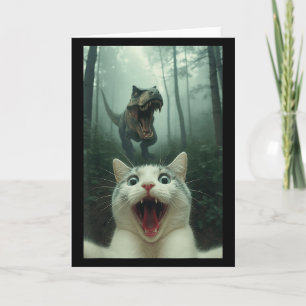 Funny White Cat Selfie With T-rex Dinosaur, Cat Ki Card