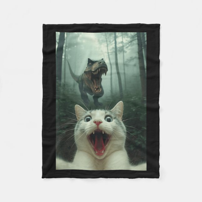 Funny White Cat Selfie With T-rex Dinosaur, Cat Ki Fleece Blanket (Front)