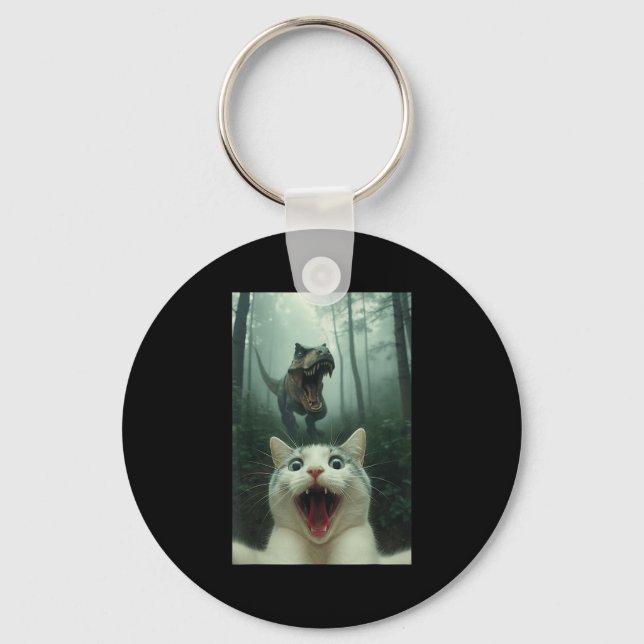 Funny White Cat Selfie With T-rex Dinosaur, Cat Ki Key Ring (Front)
