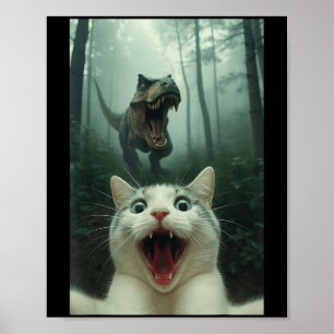 Funny White Cat Selfie With T-rex Dinosaur, Cat Ki Poster