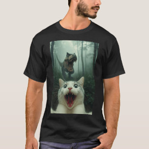 Funny White Cat Selfie With T-rex Dinosaur, Cat Ki T-Shirt
