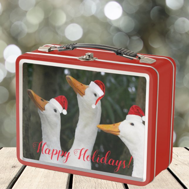 Funny White Ducks Wearing Red Santa Caps Holiday Metal Lunch Box (In Situ Table)