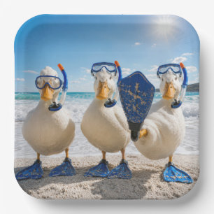Funny White Ducks with Snorkelling Gear Paper Plate