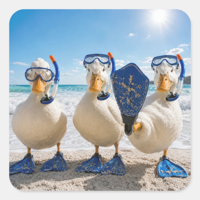 Funny White Ducks with Snorkelling Gear Square Sticker (Front)