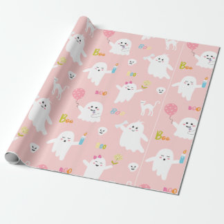 Funny White Ghost Pink With Balloon Halloween Wrapping Paper