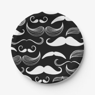 Funny White Moustache Design on Black Wall Decal Paper Plate