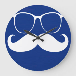 Funny White Moustache Glasses on Blue Background Large Clock