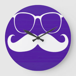 Funny White Moustache Glasses on Purple Background Large Clock