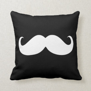 Funny White Moustache on Black Background Cushion