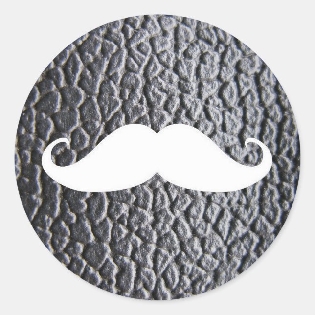 Funny White Moustache On Black Leather Pattern Classic Round Sticker (Front)