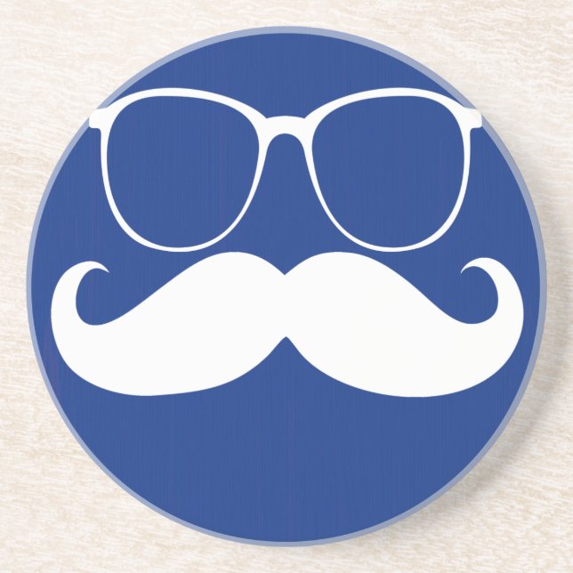 Funny White Moustache on Dark Blue Background Coaster (Front)