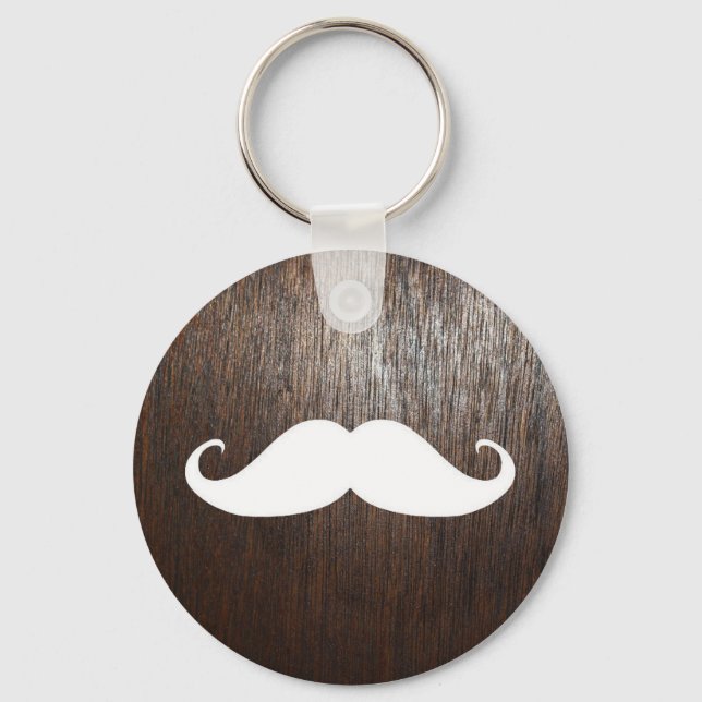 Funny White Moustache on oak wood background Key Ring (Front)