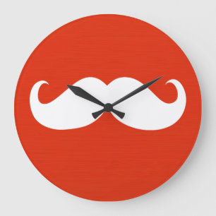 Funny White Moustache on Orange Red Large Clock