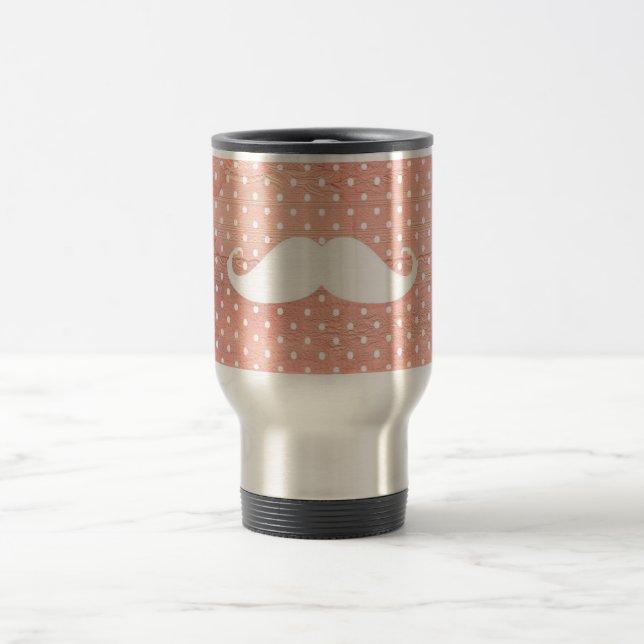 Funny White Moustache On Pink Polka Dots Pattern Travel Mug (Center)