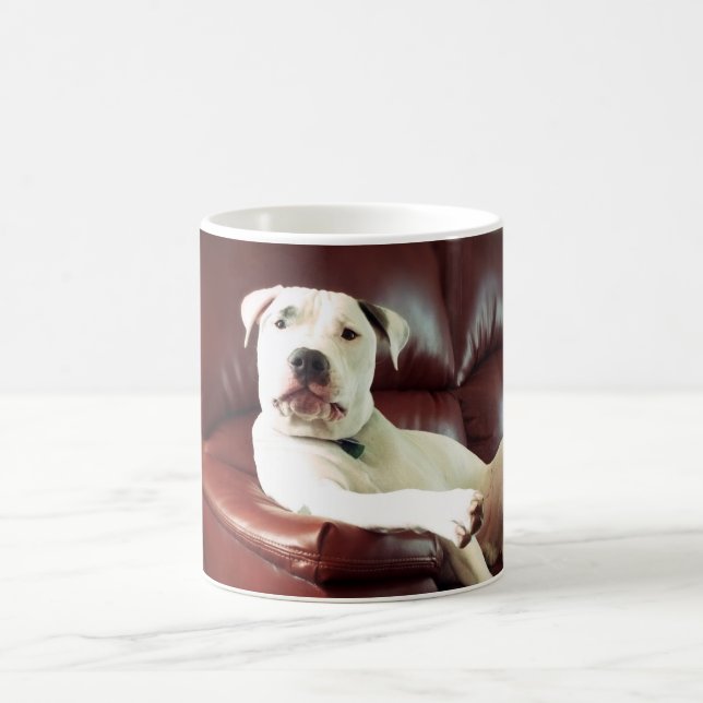 funny white pit bull dog on the couch coffee mug (Center)