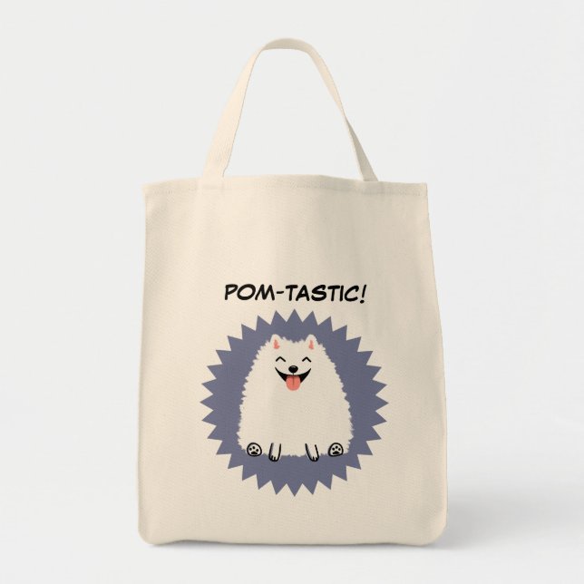 Funny White Pomeranian Cartoon Dog Tote Bag (Front)