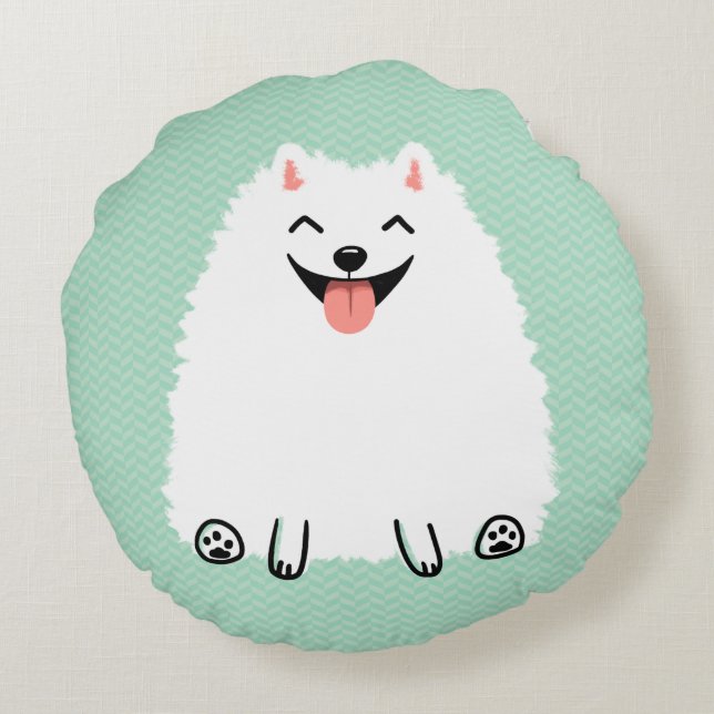Funny White Pomeranian Cute Smiling Pom Round Cushion (Back)