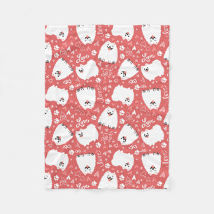 Funny White Pomeranian with Hearts Pattern Fleece Blanket