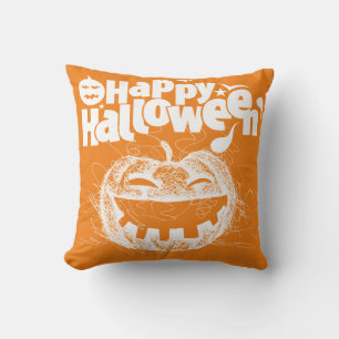 Funny white Pumpkin Face Halloween typography  Cushion