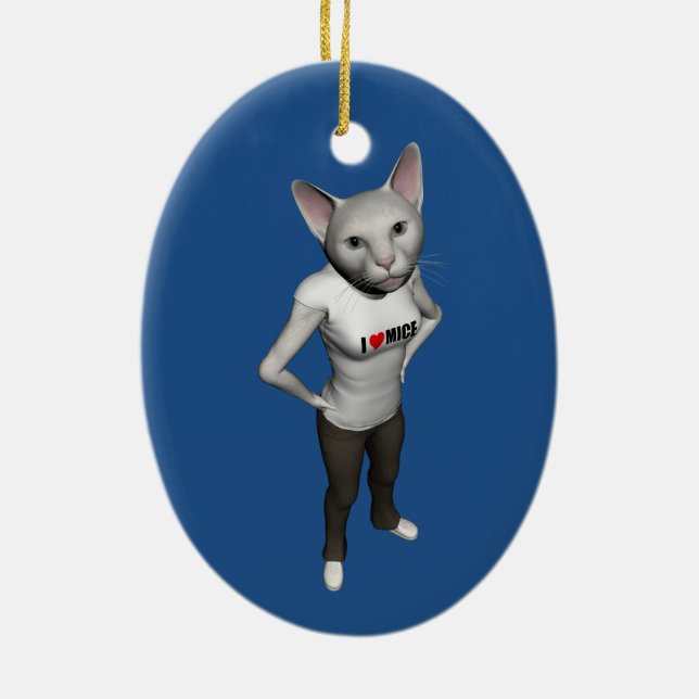 Funny White Siamese Cat Loves Mice Ceramic Tree Decoration (Back)