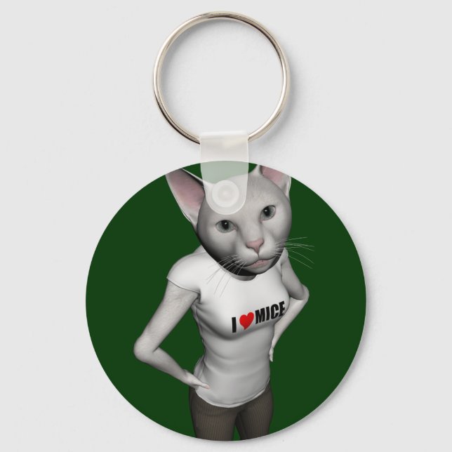 Funny White Siamese Cat Loves Mice Key Ring (Front)