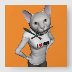 Funny White Siamese Cat Loves Mice Square Wall Clock