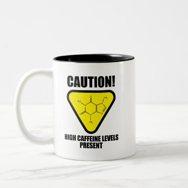 Funny WHMIS Caffeine Hazard Caution Symbol Two-Tone Coffee Mug (Left)