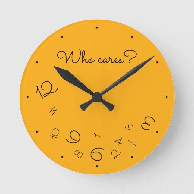 Funny Who Cares? Falling Numbers Yellow Quirky Round Clock (Front)