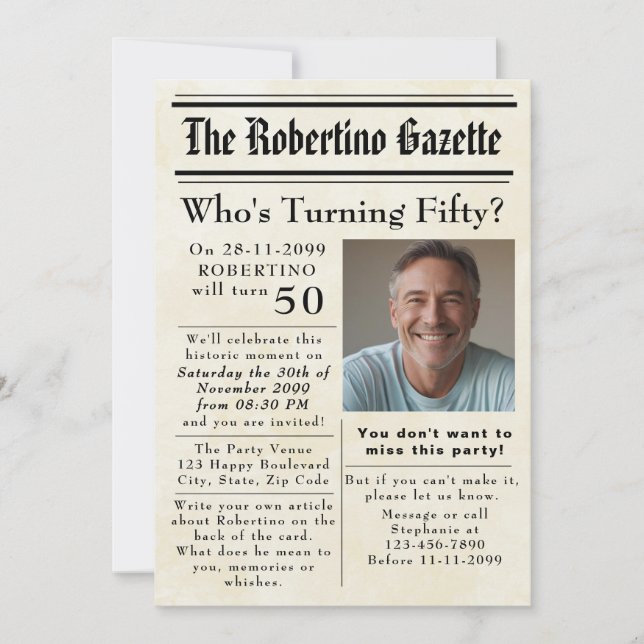 Funny Who's Turning Fifty Newspaper 50th Birthday Invitation (Front)
