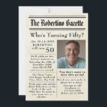 Funny Who's Turning Fifty Newspaper 50th Birthday Invitation<br><div class="desc">Celebrate turning 50 in headline-worthy style with this vintage newspaper-themed birthday invitation! Set on an aged paper background, the design mimics an old-school newspaper layout, complete with fun, article-style party details. At the top, the title reads "The [Name] Gazette", followed by the bold headline "Who's Turning Fifty?"—perfect for marking a...</div>