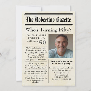Funny Who's Turning Fifty Newspaper 50th Birthday Invitation