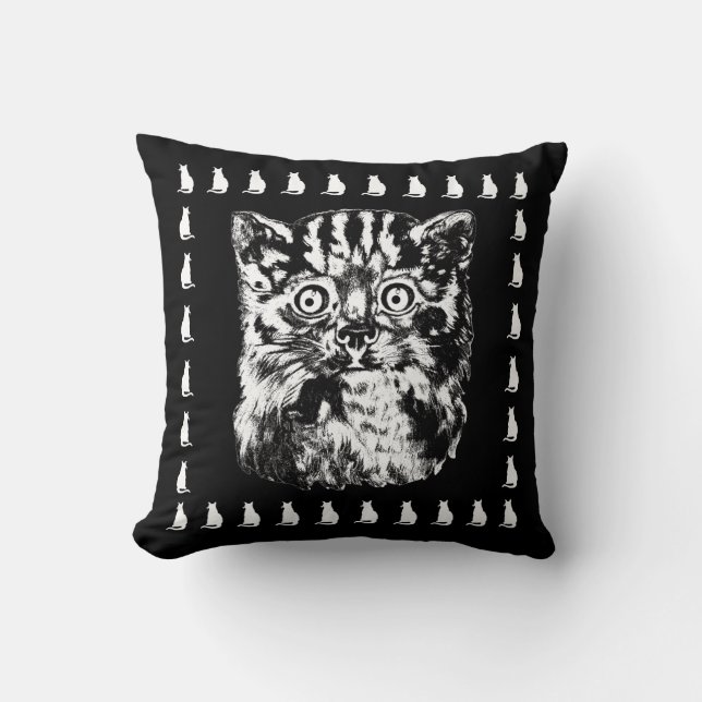 Funny Wide Eyed Cat Black and White Cat Pillow (Front)